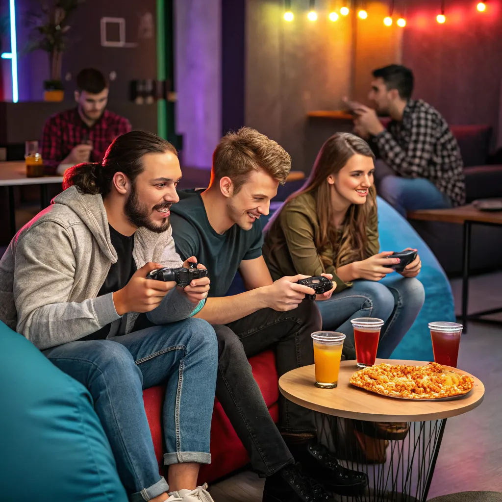 Friends playing console games with snacks at And Chill Game Café